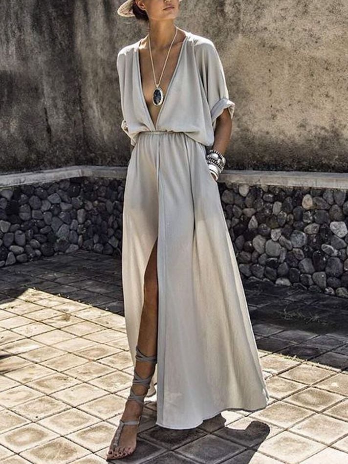 Light Gray Short Sleeve Maxi Dress With High Slit Light Gray Short Sleeve Maxi Dress With High Slit — Maxi Dresses Outfit