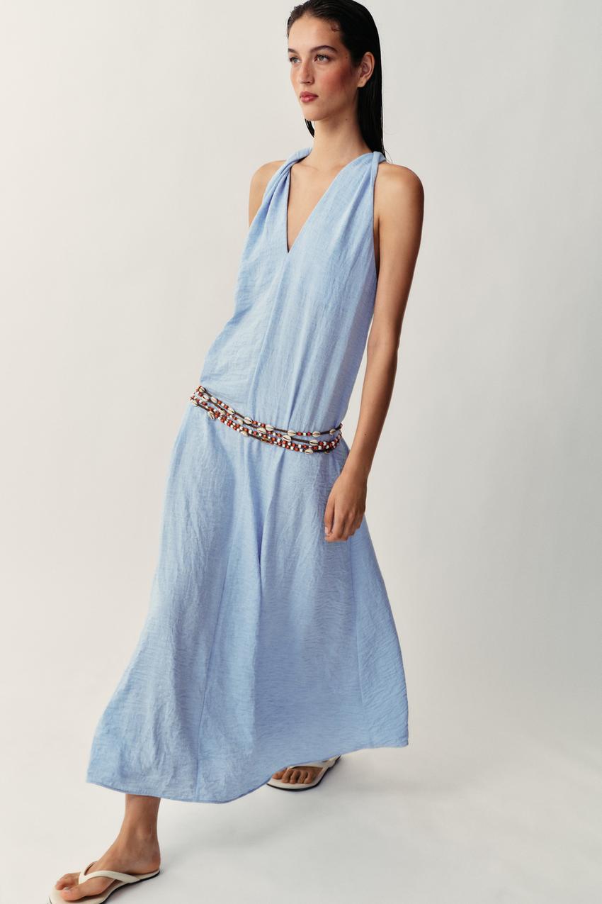 Light Blue Textured Halter Neck Maxi Dress Light Blue Textured Halter Neck Maxi Dress — Maxi Dresses Outfit