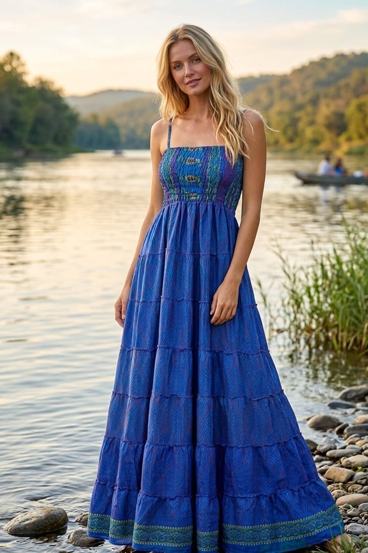 Blue Tiered Maxi Dress With Smocked Bodice Blue Tiered Maxi Dress With Smocked Bodice — Maxi Dresses Outfit