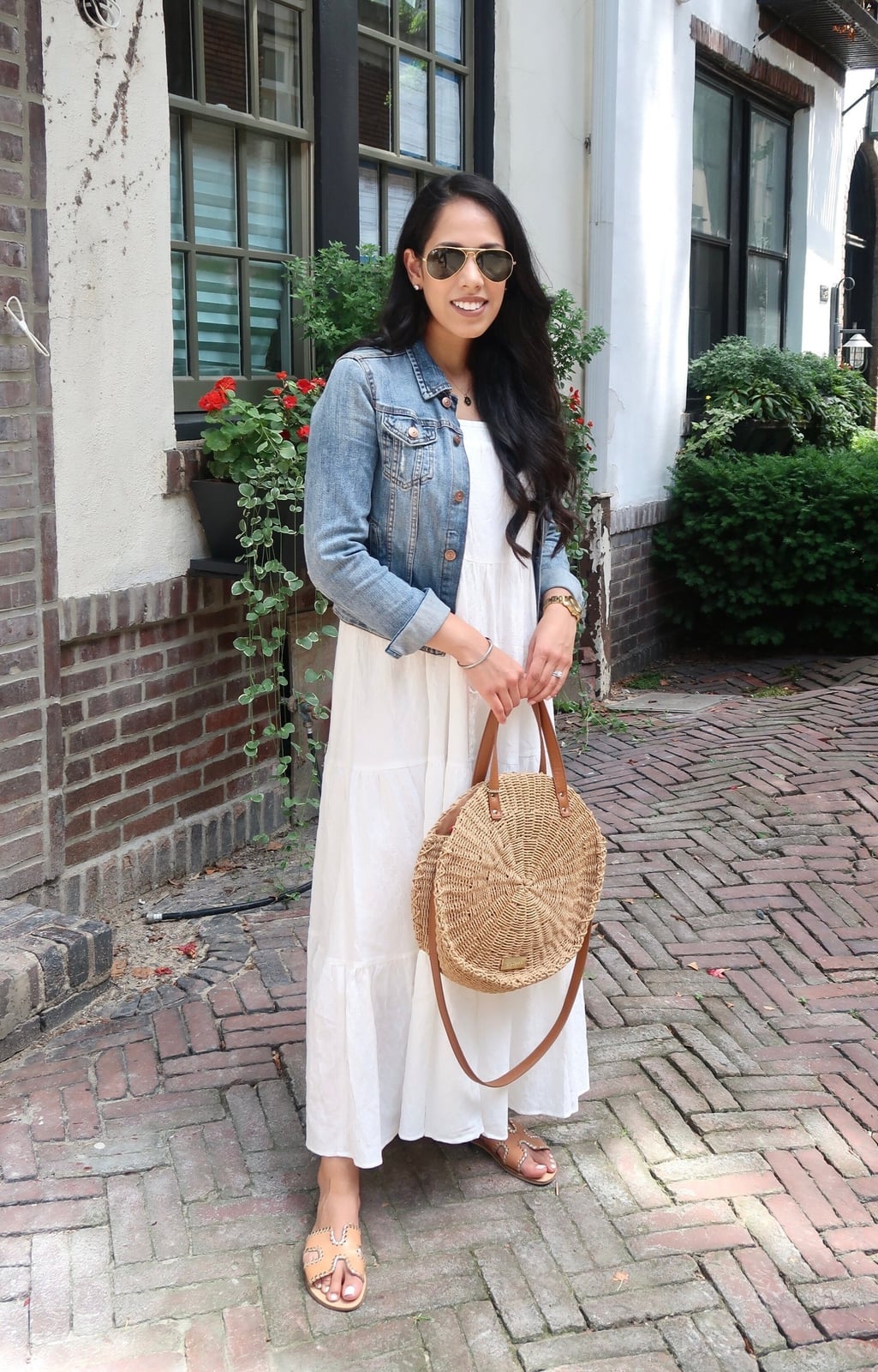 White Tiered Maxi Dress With Denim Jacket White Tiered Maxi Dress With Denim Jacket — Maxi Dresses Outfit