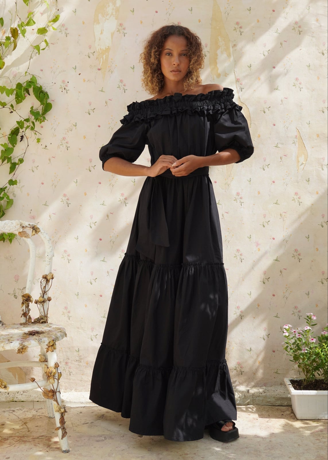 Black Off-the-Shoulder Maxi Dress With Tiered Skirt, Close-Up Take Black Off-the-Shoulder Maxi Dress With Tiered Skirt, Close-Up Take — Maxi Dresses Outfit
