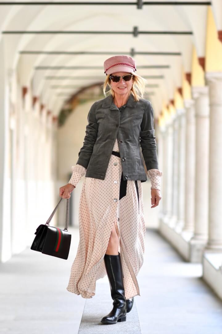 Pink Polka Dot Button-Front Maxi Dress With Gray Jacket Pink Polka Dot Button-Front Maxi Dress With Gray Jacket — Maxi Dresses Outfit