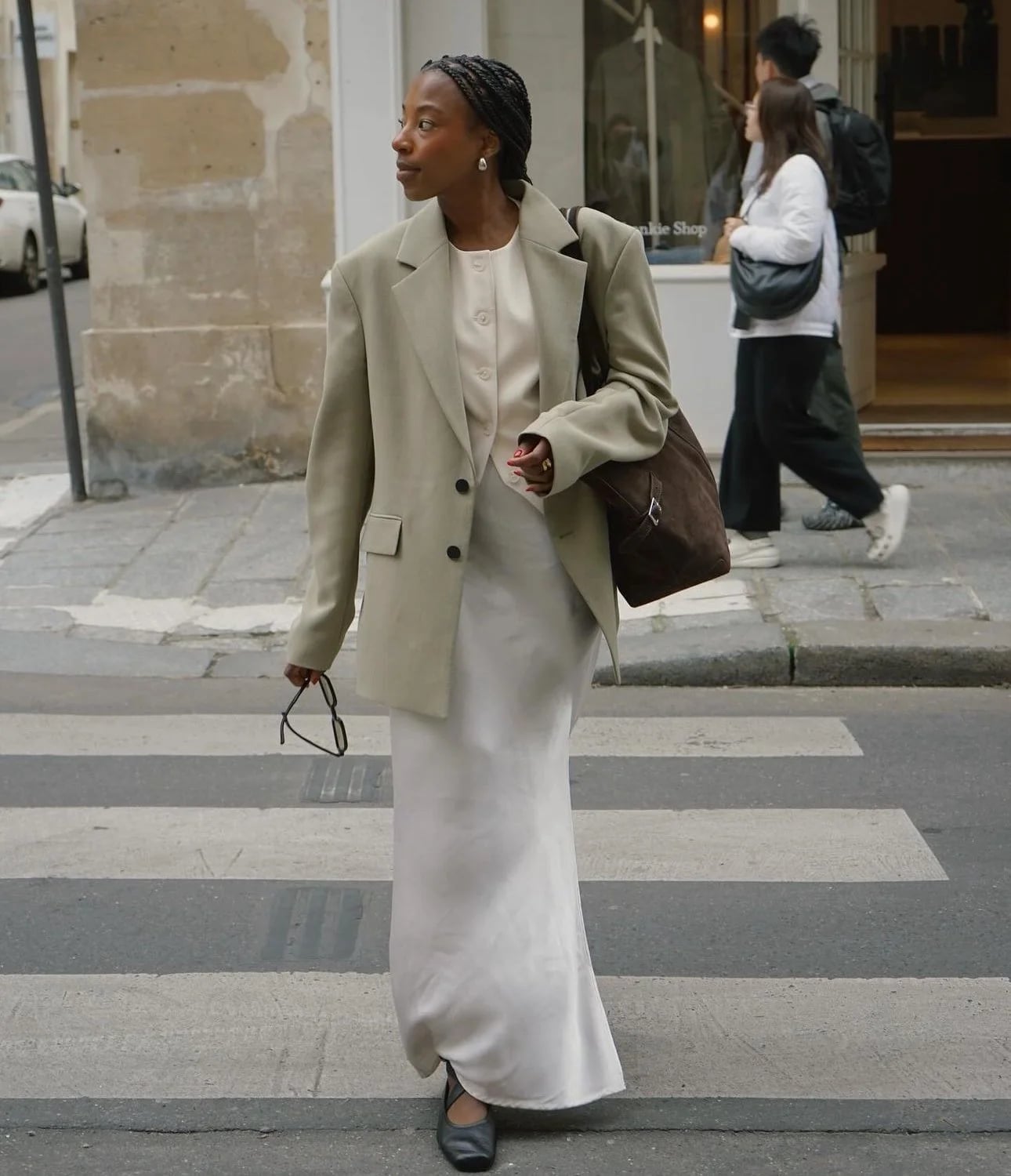 White Satin Maxi Dress With Oversized Blazer White Satin Maxi Dress With Oversized Blazer — Maxi Dresses Outfit