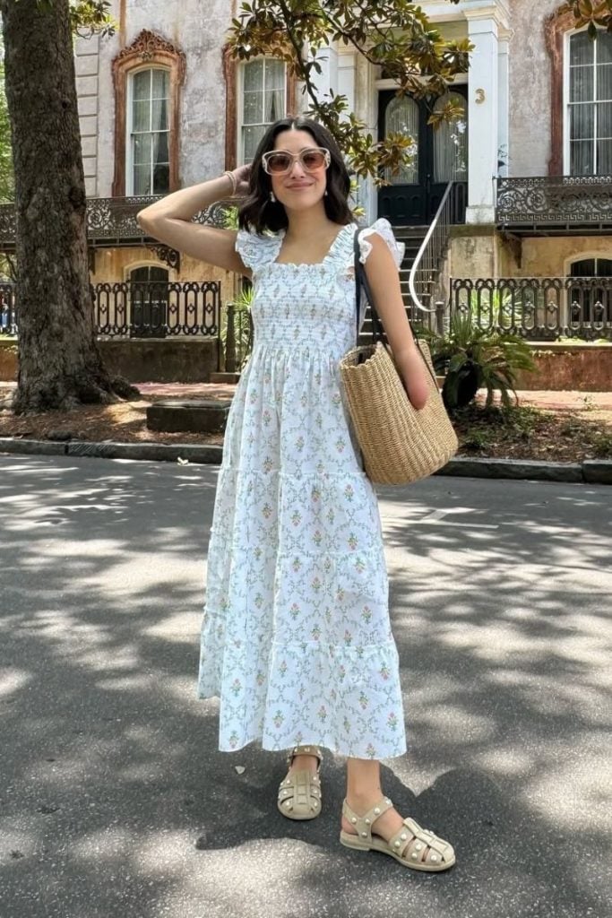 White Floral Tiered Maxi Dress With Smocked Bodice White Floral Tiered Maxi Dress With Smocked Bodice — Maxi Dresses Outfit