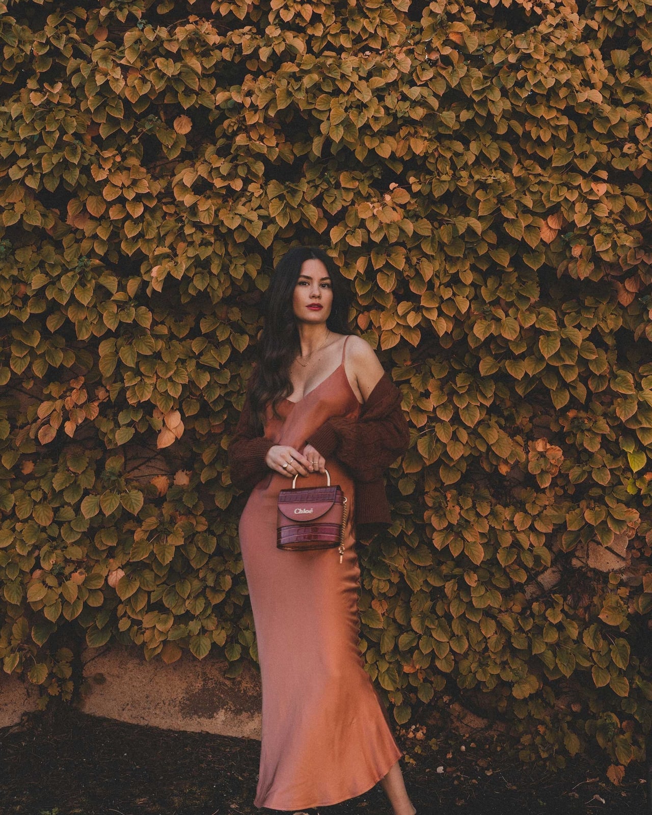 Peach Satin Slip Maxi Dress With Knit Cardigan Peach Satin Slip Maxi Dress With Knit Cardigan — Maxi Dresses Outfit