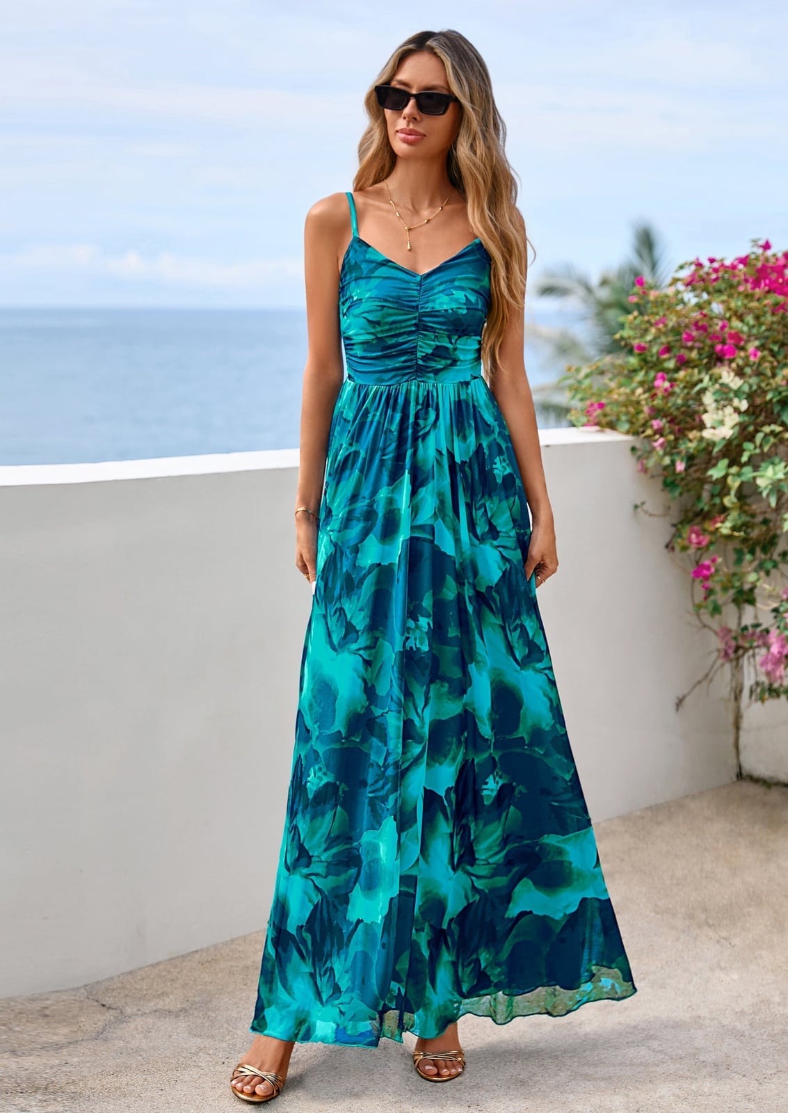 Blue Green Floral Print Spaghetti Strap Maxi Dress Blue Green Floral Print Spaghetti Strap Maxi Dress — Maxi Dresses Outfit