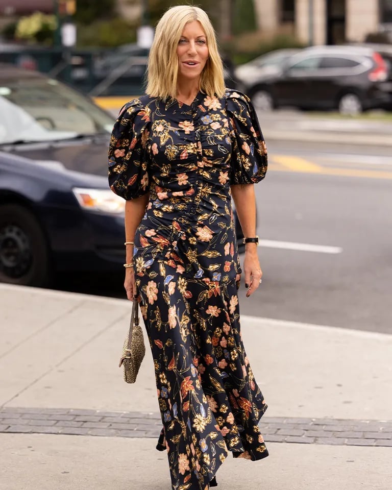 Dark Navy Floral Print Maxi Dress With Puffed, Office-Safe Version Dark Navy Floral Print Maxi Dress With Puffed, Office-Safe Version — Maxi Dresses Outfit