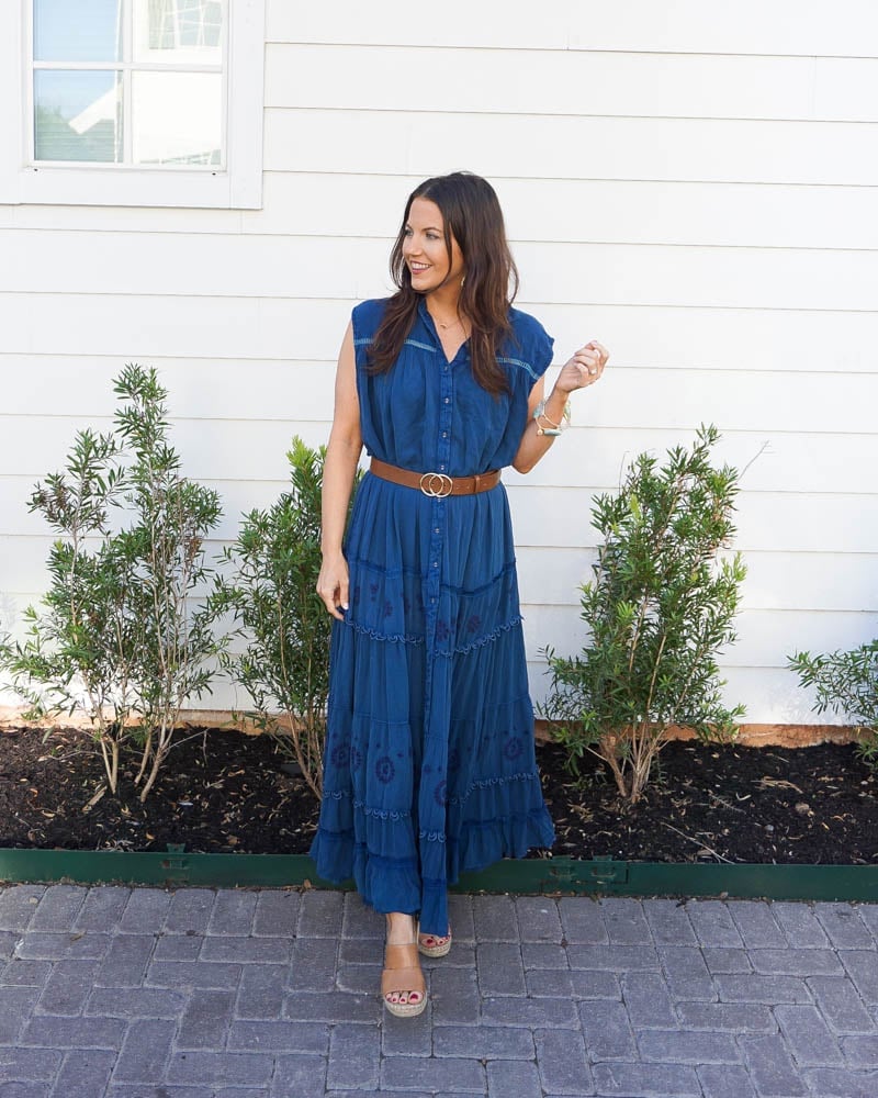 Blue Sleeveless Tiered Maxi Dress With Embroidery, Gold Hoop Earrings Blue Sleeveless Tiered Maxi Dress With Embroidery, Gold Hoop Earrings — Maxi Dresses Outfit