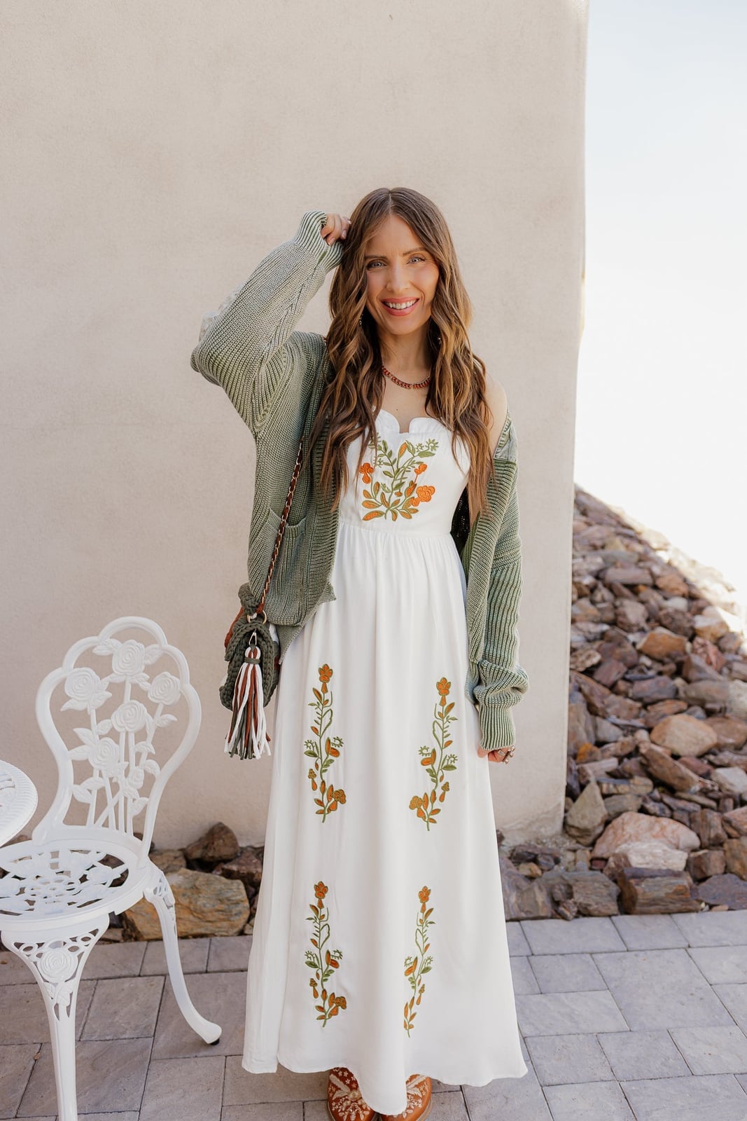 White Embroidered Maxi Dress With Green Knit Cardigan, Close-Up Take White Embroidered Maxi Dress With Green Knit Cardigan, Close-Up Take — Maxi Dresses Outfit