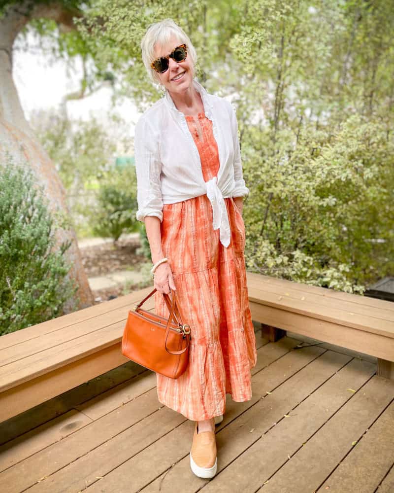 Orange Tie-Dye Tiered Maxi Dress With Tie-Front, Office-Safe Version Orange Tie-Dye Tiered Maxi Dress With Tie-Front, Office-Safe Version — Maxi Dresses Outfit
