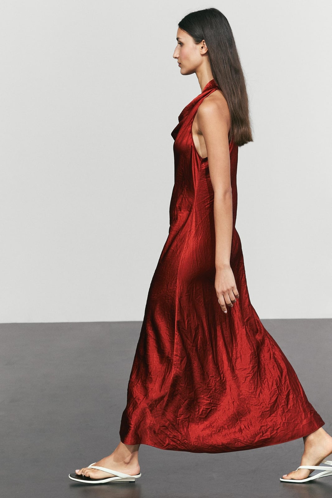 Bright Red Crinkled Satin Halter Neck Maxi Dress Bright Red Crinkled Satin Halter Neck Maxi Dress — Maxi Dresses Outfit
