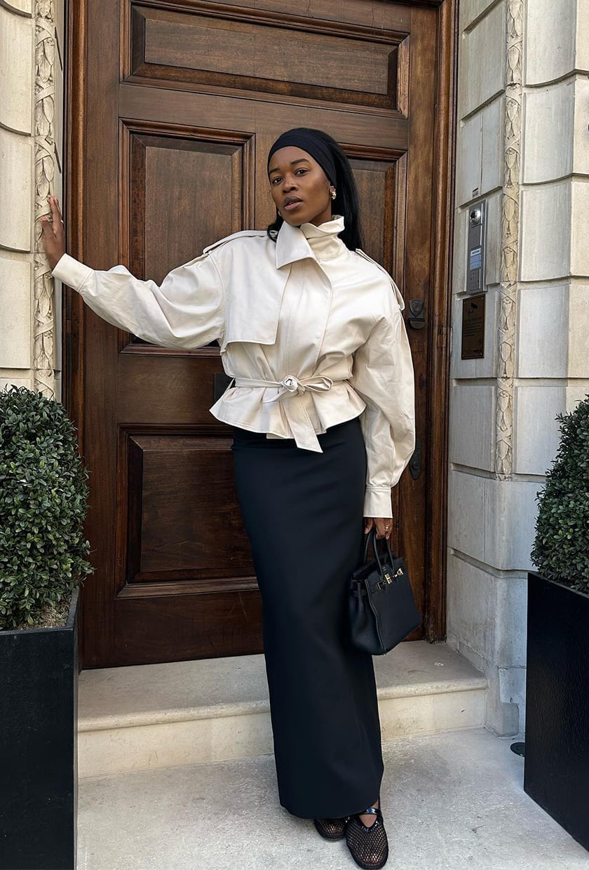 A Black Column Maxi Skirt With A Cream Belted Jacket, Close-Up Take A Black Column Maxi Skirt With A Cream Belted Jacket, Close-Up Take — Maxi Skirt Outfits