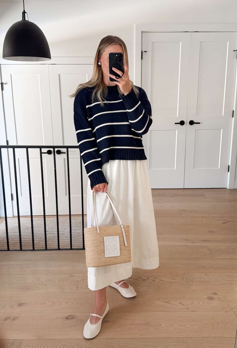 A White Tiered Maxi Skirt With A Striped Knit Sweater A White Tiered Maxi Skirt With A Striped Knit Sweater — Maxi Skirt Outfits