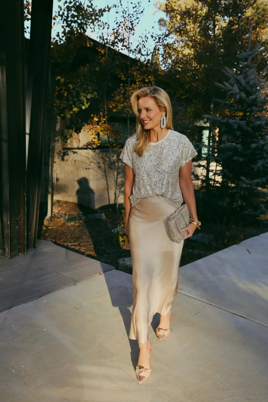 A Champagne Satin Maxi Skirt With A Sequined Top A Champagne Satin Maxi Skirt With A Sequined Top — Maxi Skirt Outfits