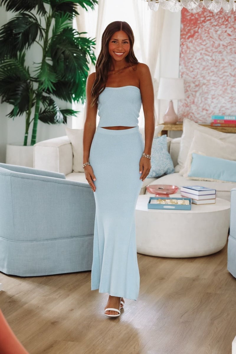 A Light Blue Knit Maxi Skirt With A Matching Bandeau Top A Light Blue Knit Maxi Skirt With A Matching Bandeau Top — Maxi Skirt Outfits