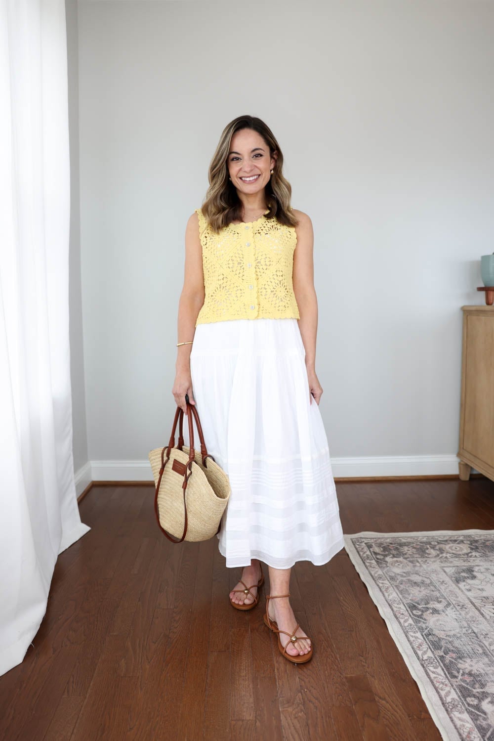 A White Tiered Maxi Skirt With A Yellow Crochet Top A White Tiered Maxi Skirt With A Yellow Crochet Top — Maxi Skirt Outfits