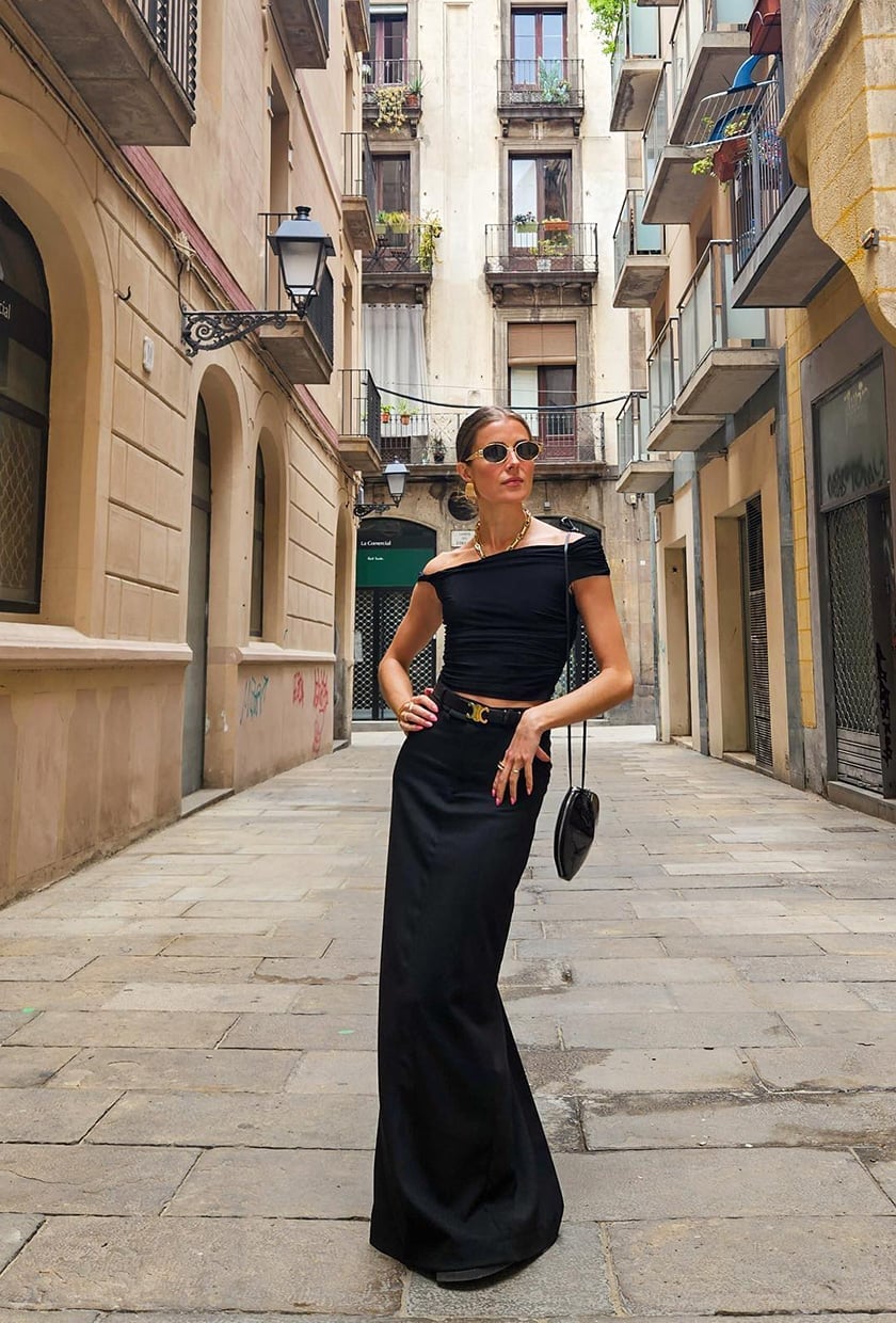 A Black Linen Maxi Skirt With An Off The Shoulder Top A Black Linen Maxi Skirt With An Off The Shoulder Top — Maxi Skirt Outfits