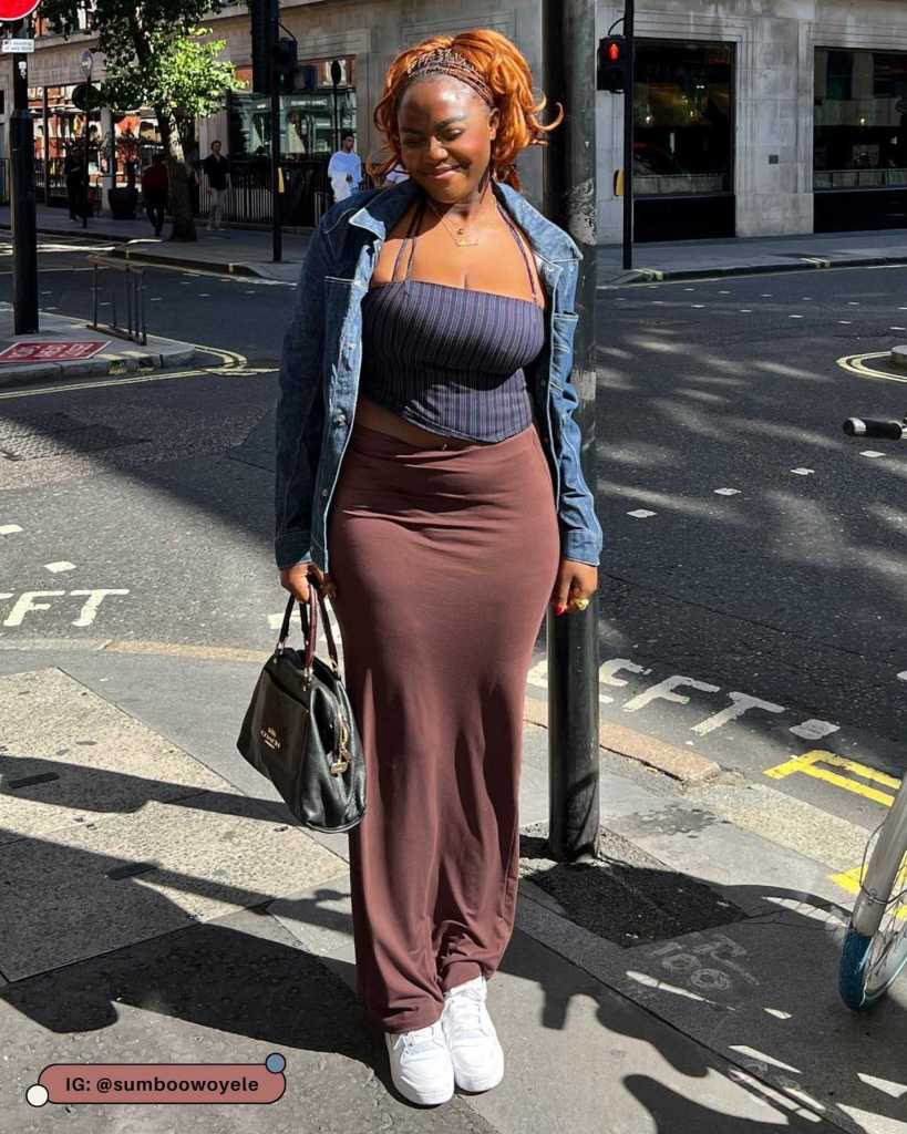 A Long Brown Knit Maxi Skirt With A Halter Top A Long Brown Knit Maxi Skirt With A Halter Top — Maxi Skirt Outfits