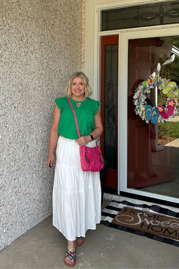 A White Tiered Maxi Skirt With A Green Flutter Sleeve Top A White Tiered Maxi Skirt With A Green Flutter Sleeve Top — Maxi Skirt Outfits