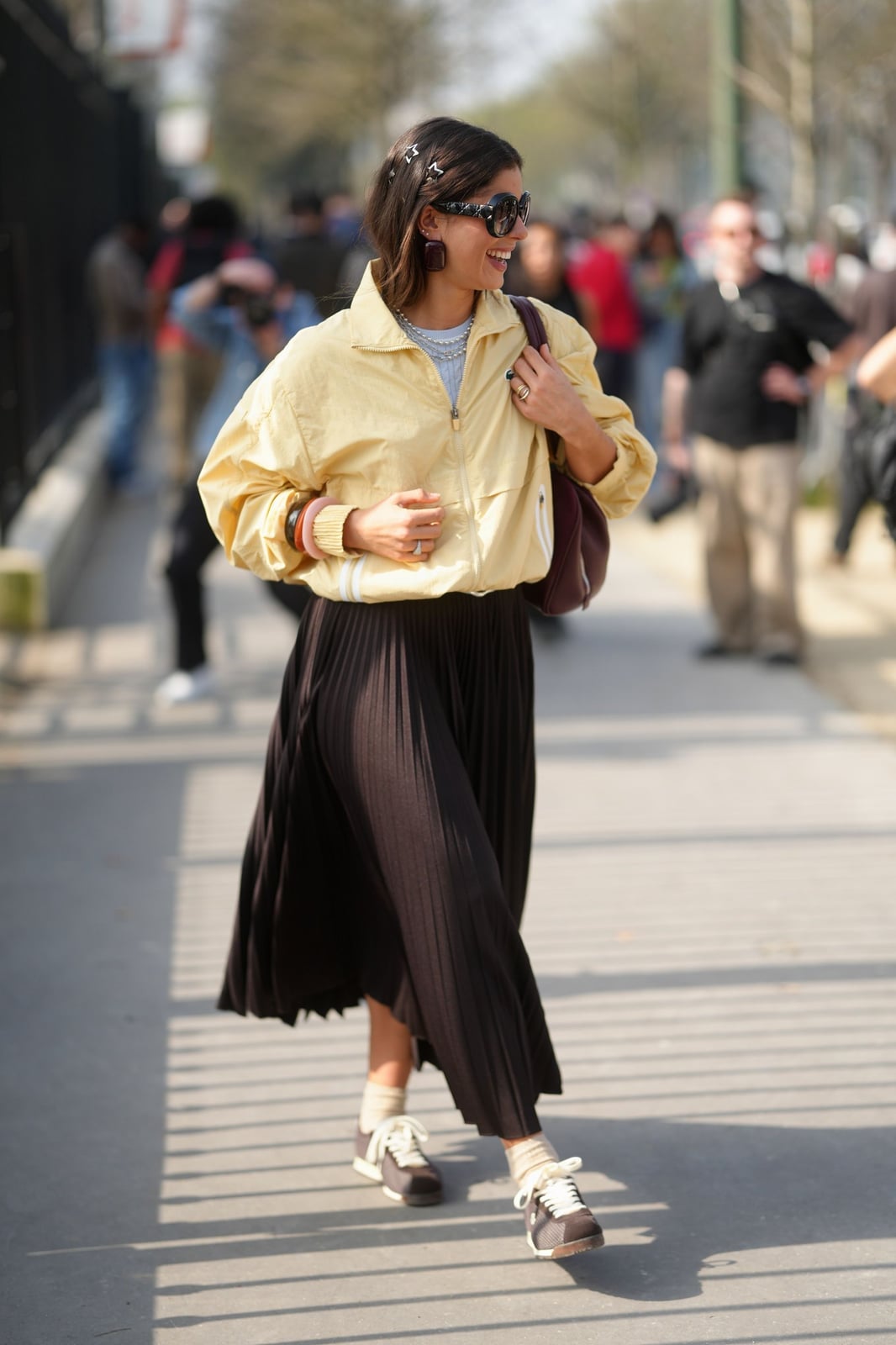 A Pleated Brown Maxi Skirt With A Track Jacket, Low Top Sneakers A Pleated Brown Maxi Skirt With A Track Jacket, Low Top Sneakers — Maxi Skirt Outfits