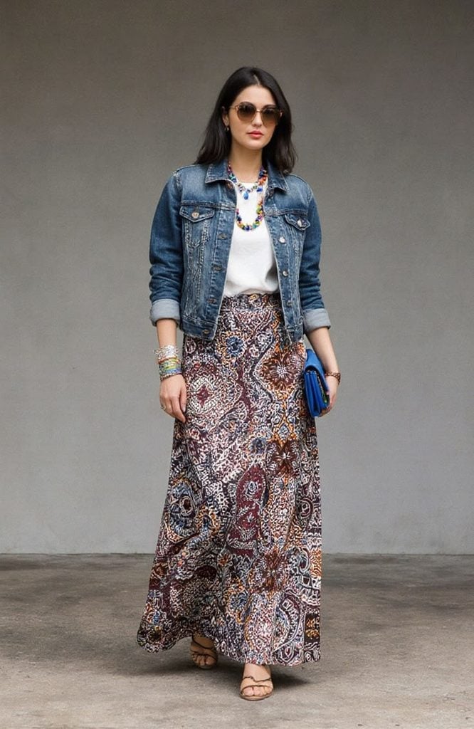 A Boldly Patterned Maxi Skirt With A Denim Jacket, Flat Sandals A Boldly Patterned Maxi Skirt With A Denim Jacket, Flat Sandals — Maxi Skirt Outfits