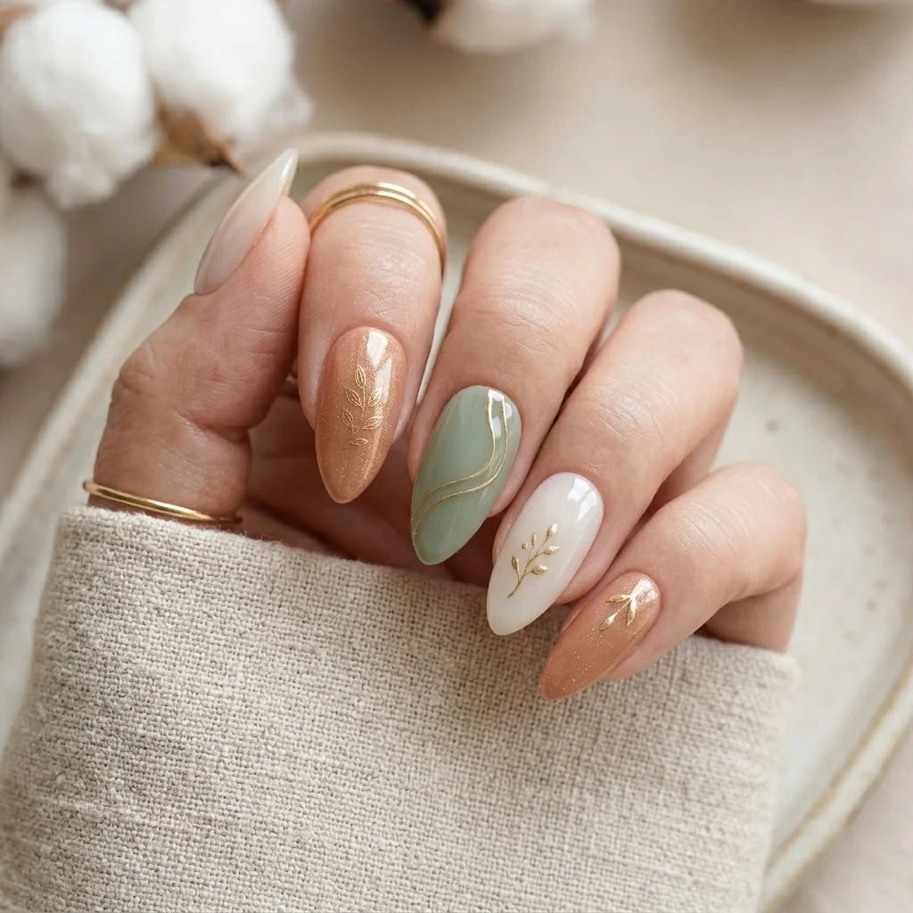 Shimmer Beige Sage Green Gold Leaf Almond Nails Shimmer Beige Sage Green Gold Leaf Almond Nails — Medium Almond Nails