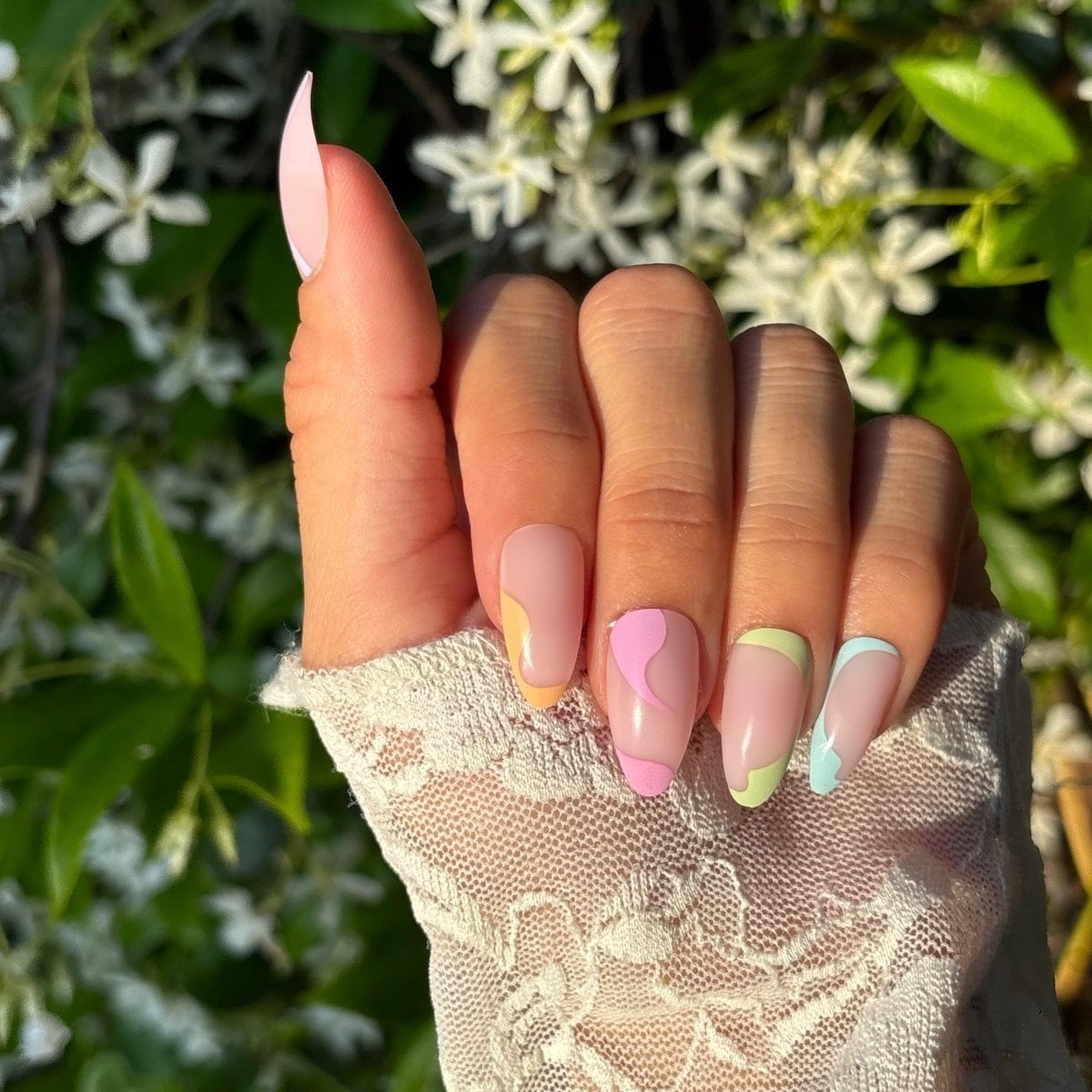 Pastel Abstract Color Block French Tip Almond Nails Pastel Abstract Color Block French Tip Almond Nails — Medium Almond Nails