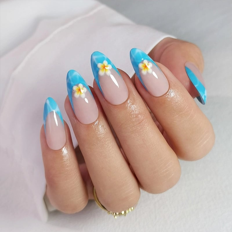 Sheer Nude Tie-Dye 3D Flower Almond Nails Sheer Nude Tie-Dye 3D Flower Almond Nails — Medium Almond Nails