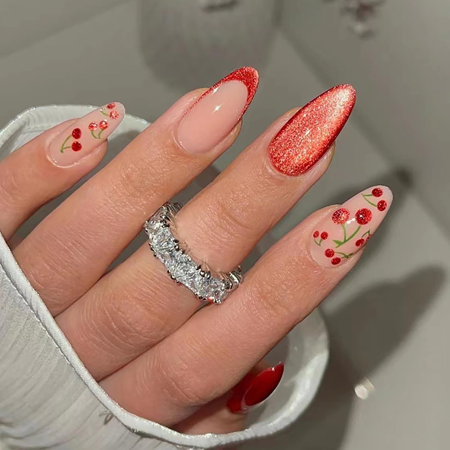Cherry Motif Glitter Accent Almond Nails Cherry Motif Glitter Accent Almond Nails — Medium Almond Nails