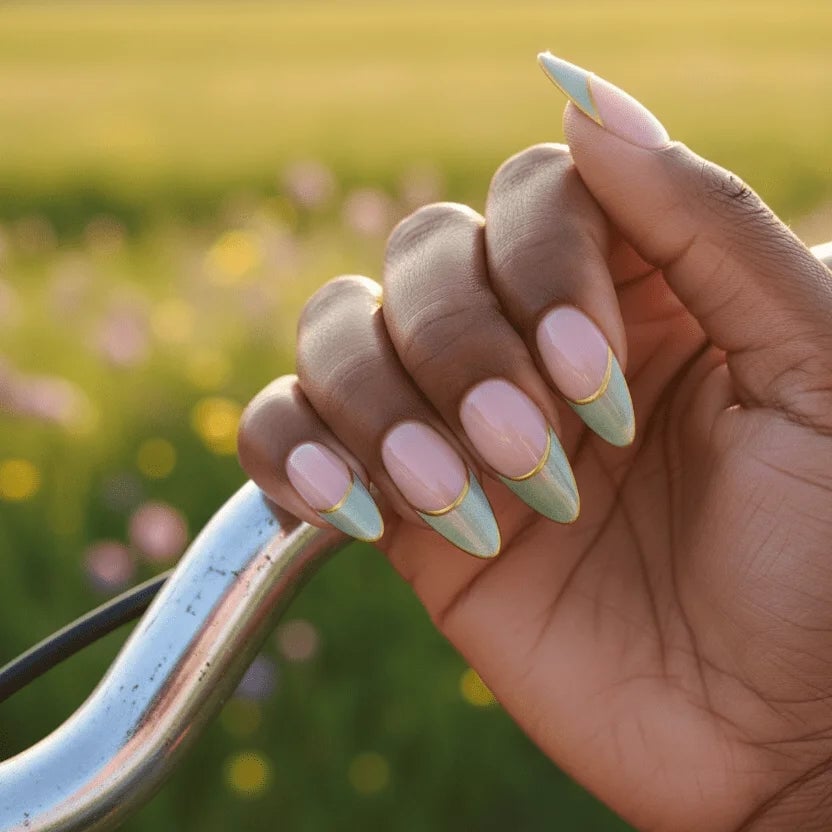 Pale Green Gold Line Cuticle Almond Nails Pale Green Gold Line Cuticle Almond Nails — Medium Almond Nails