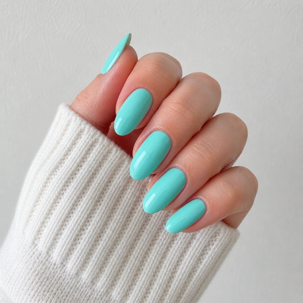 Bright Turquoise Glossy Medium Almond Nails Bright Turquoise Glossy Medium Almond Nails