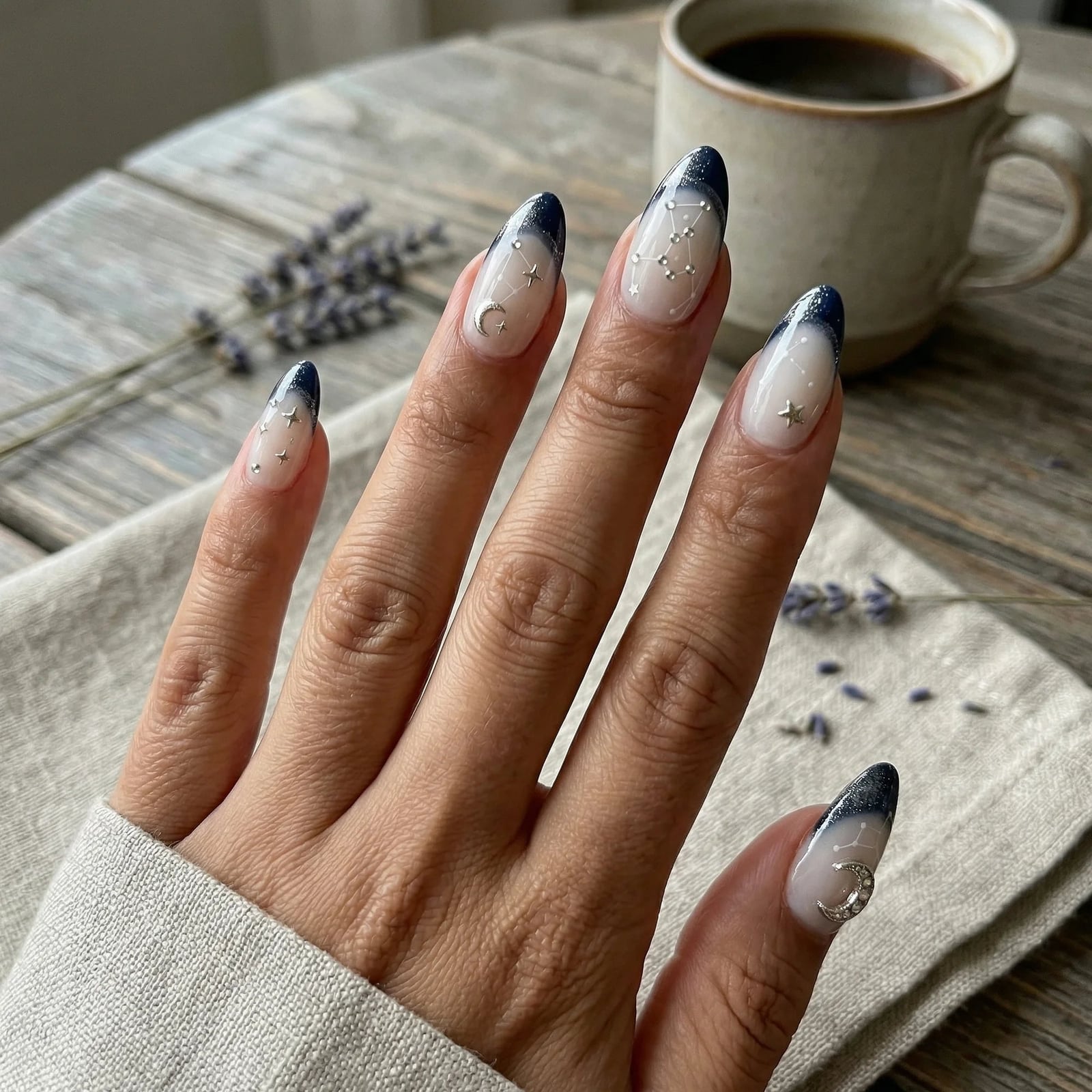 Navy Blue Celestial Art Glossy Almond Nails Navy Blue Celestial Art Glossy Almond Nails — Medium Almond Nails