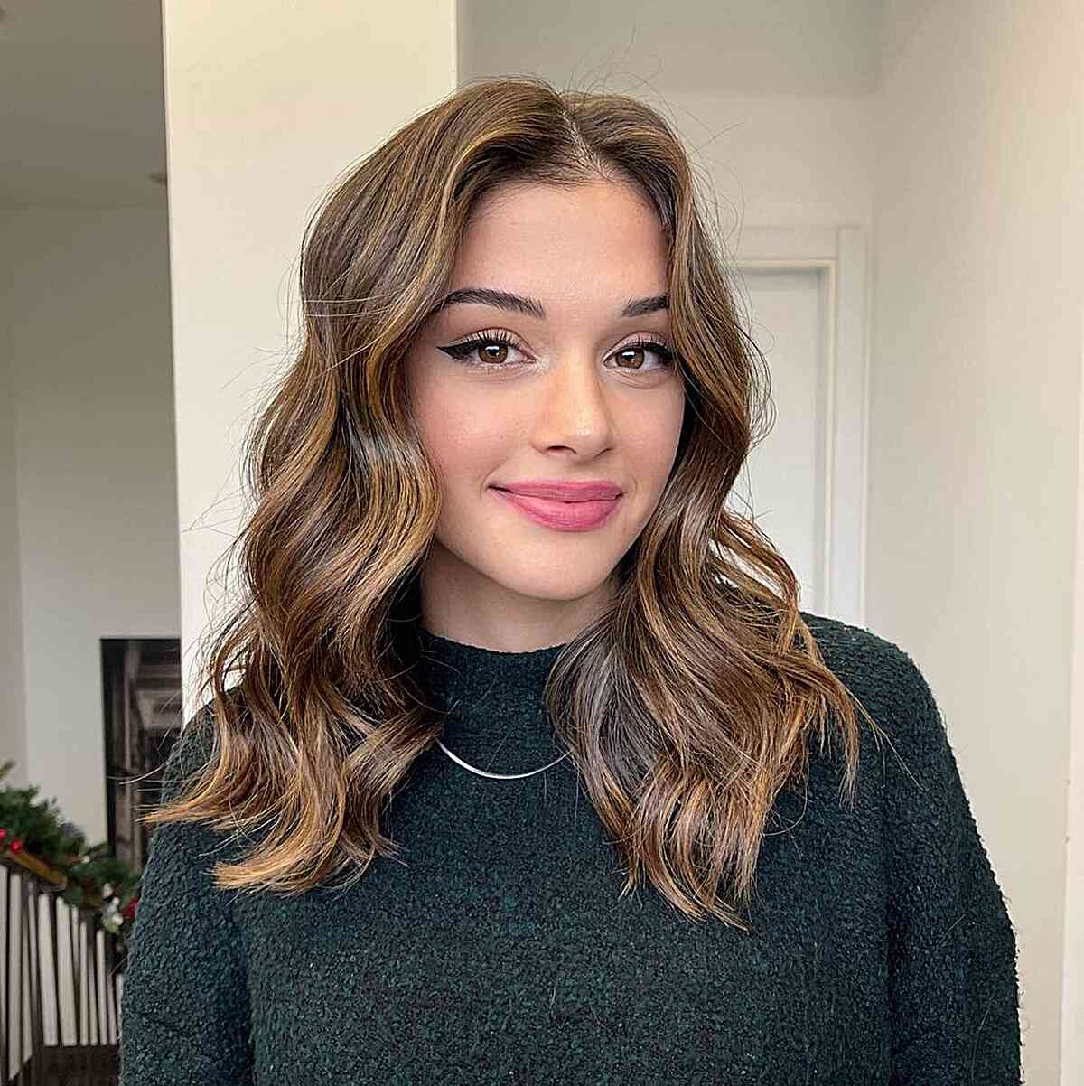 Collarbone Layers With Side-Swept Bangs, Dark Brown With Balayage Collarbone Layers With Side-Swept Bangs, Dark Brown With Balayage — Medium Hair