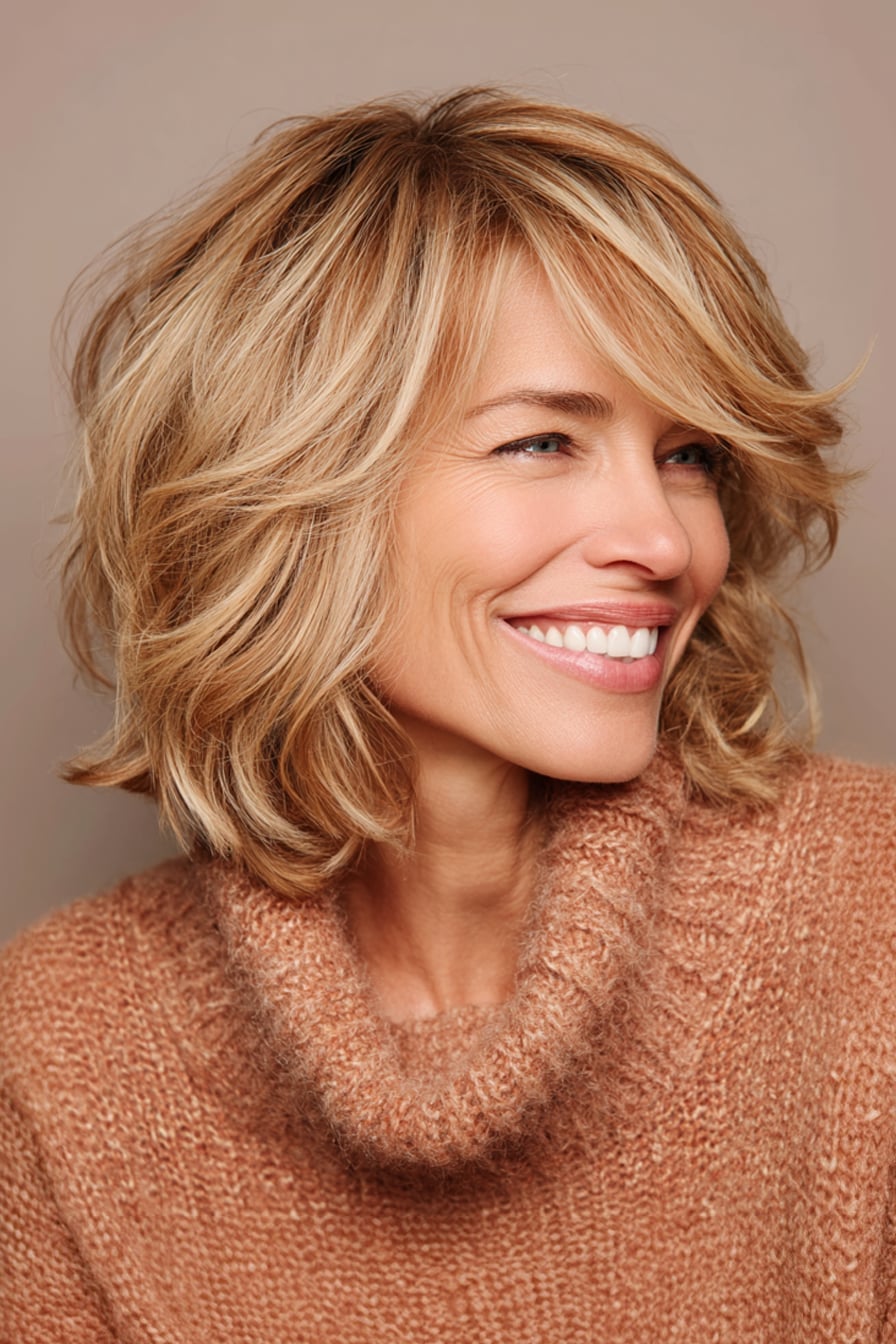 Chin Length Layered Bob With Blonde Highlights Chin Length Layered Bob With Blonde Highlights — Medium Hair