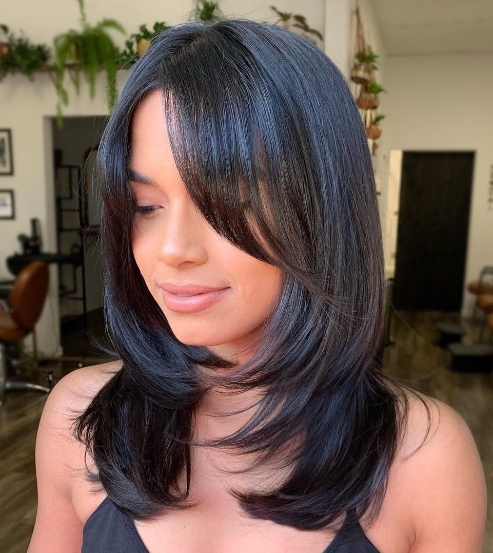 Layered Bob With Soft Curtain Bangs Layered Bob With Soft Curtain Bangs — Medium Hair