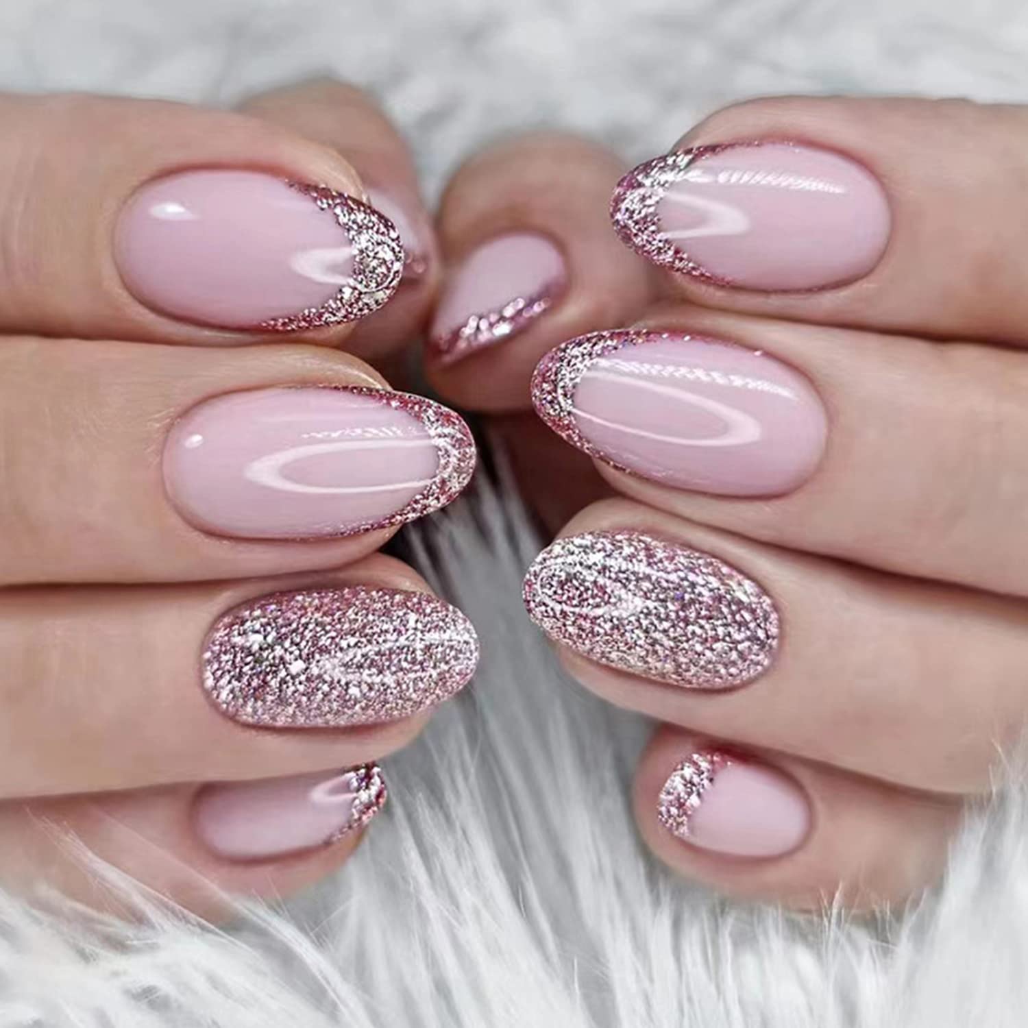 Milky Pink French Nails With Silver Glitter Milky Pink French Nails With Silver Glitter — Medium Nails