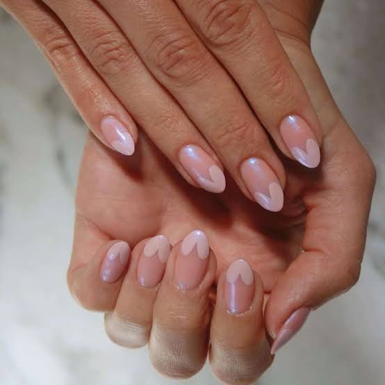 Sheer Pink Almond Nails With Heart Design Sheer Pink Almond Nails With Heart Design — Medium Nails