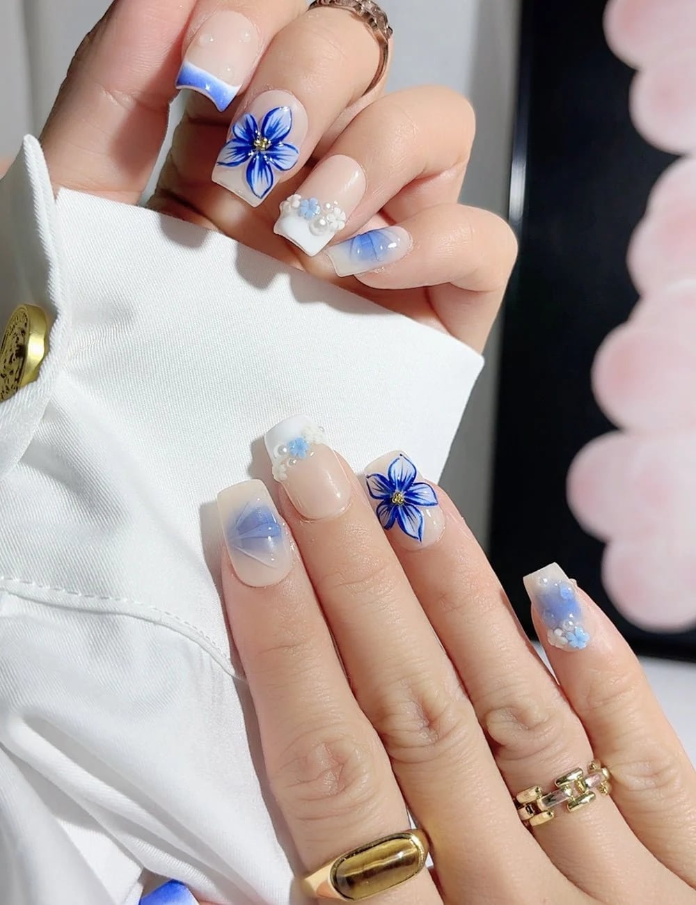 Nude Square Nails With Blue Flowers and Pearls Nude Square Nails With Blue Flowers and Pearls — Medium Nails