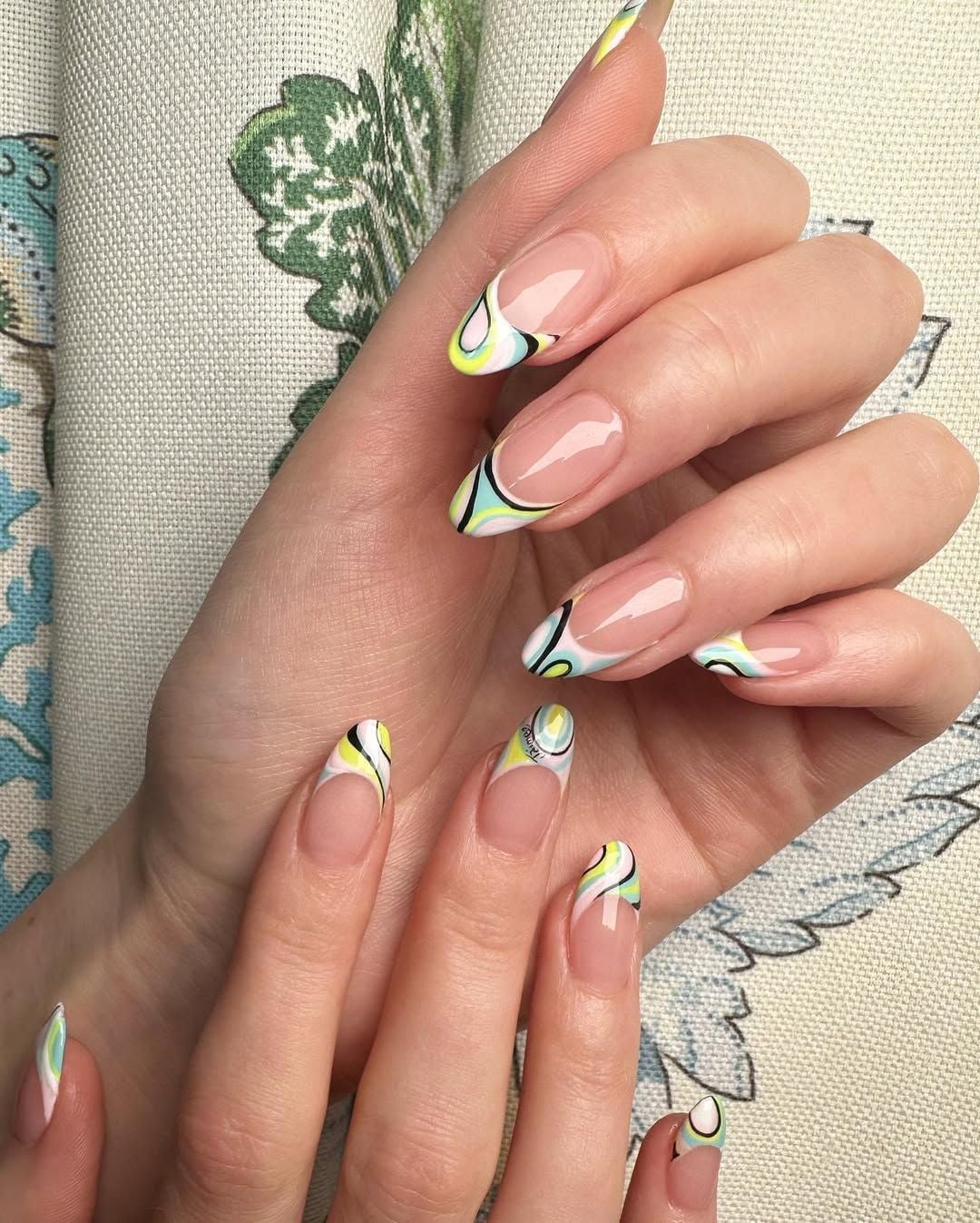 Clear Square Nails With Abstract Swirl French Tips Clear Square Nails With Abstract Swirl French Tips — Medium Nails