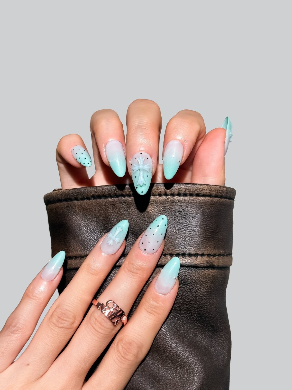 Mint Green Ombre Nails With Black Dots and Crosses Mint Green Ombre Nails With Black Dots and Crosses — Medium Nails