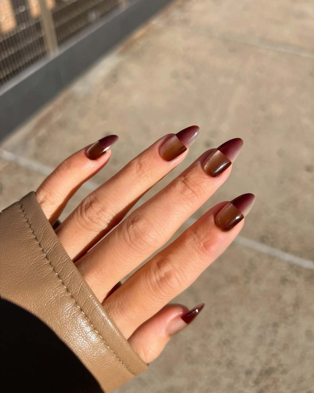 Brown Nude Gradient Color Block Almond Nails Brown Nude Gradient Color Block Almond Nails — Medium Nails