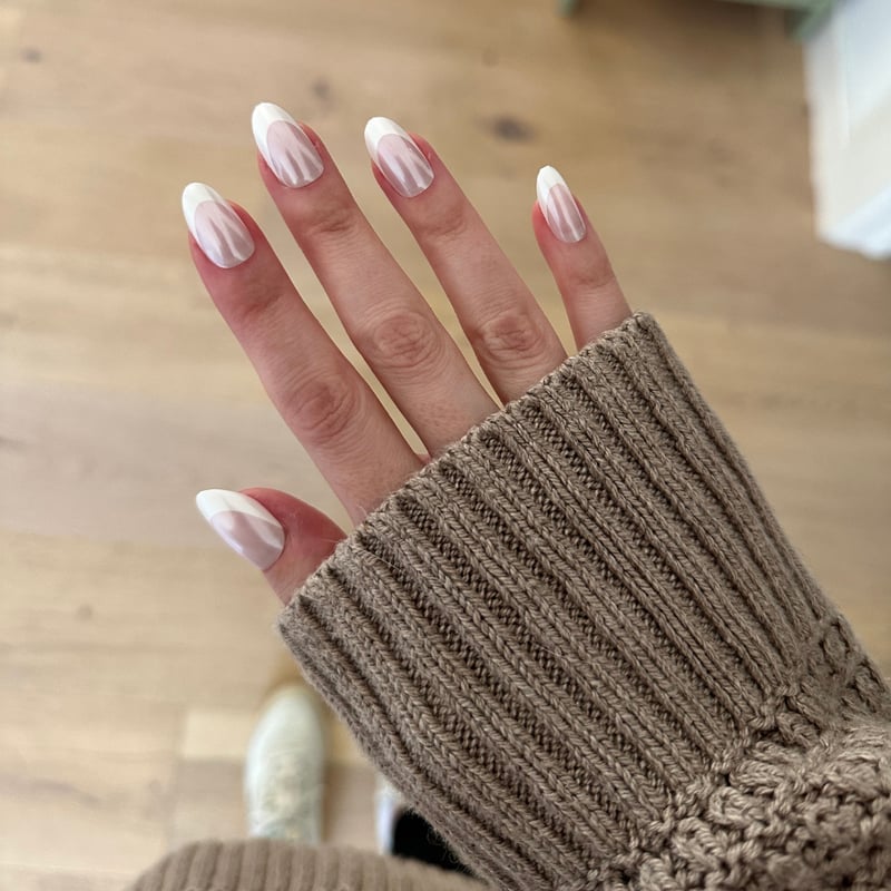 Nude Base Chrome French Tip Almond Nails Nude Base Chrome French Tip Almond Nails — Medium Nails