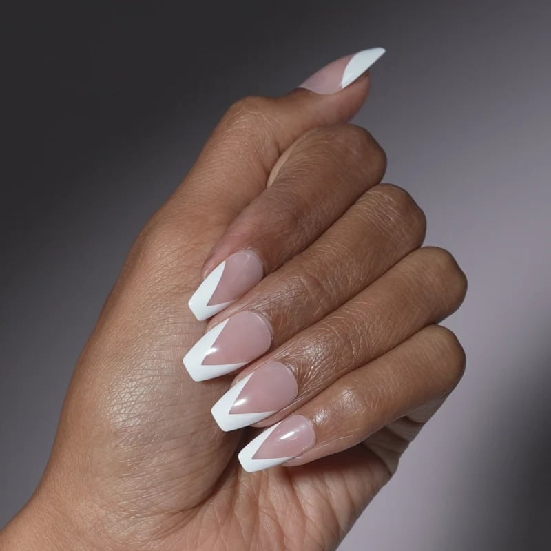 Sheer Nude Coffin Nails With V-Shape French Tips Sheer Nude Coffin Nails With V-Shape French Tips — Medium Nails