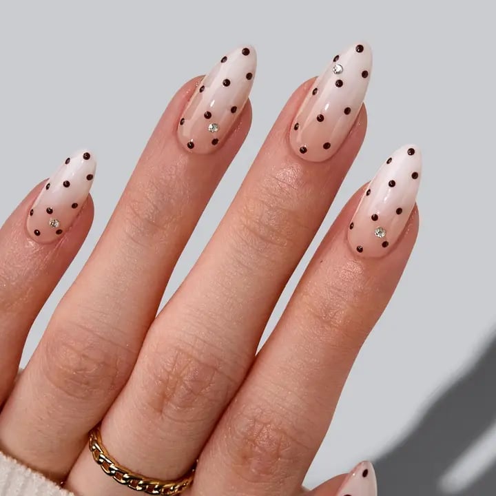 Nude To White Ombre Nails With Black Dots and Rhinestones Nude To White Ombre Nails With Black Dots and Rhinestones — Medium Nails