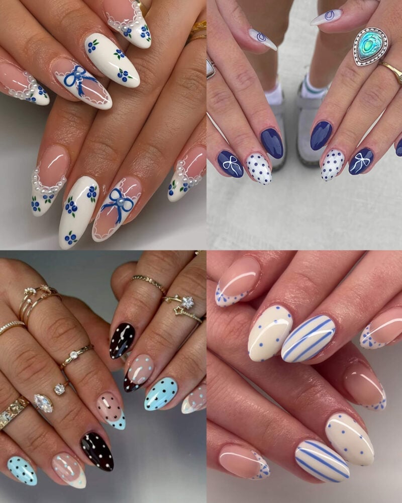 Nude White French Nails With Blue Flowers and Bows Nude White French Nails With Blue Flowers and Bows — Medium Nails