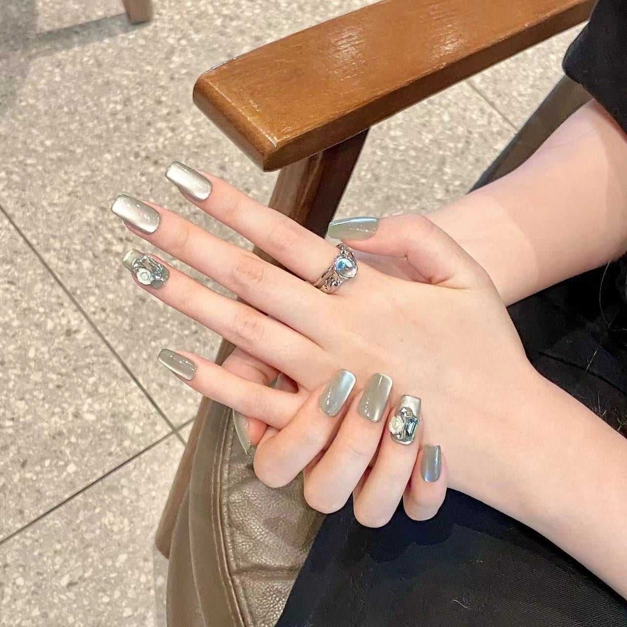 Olive Green 3D Floral Matte Metallic Olive Green 3D Floral Matte Metallic — Medium Square Nails