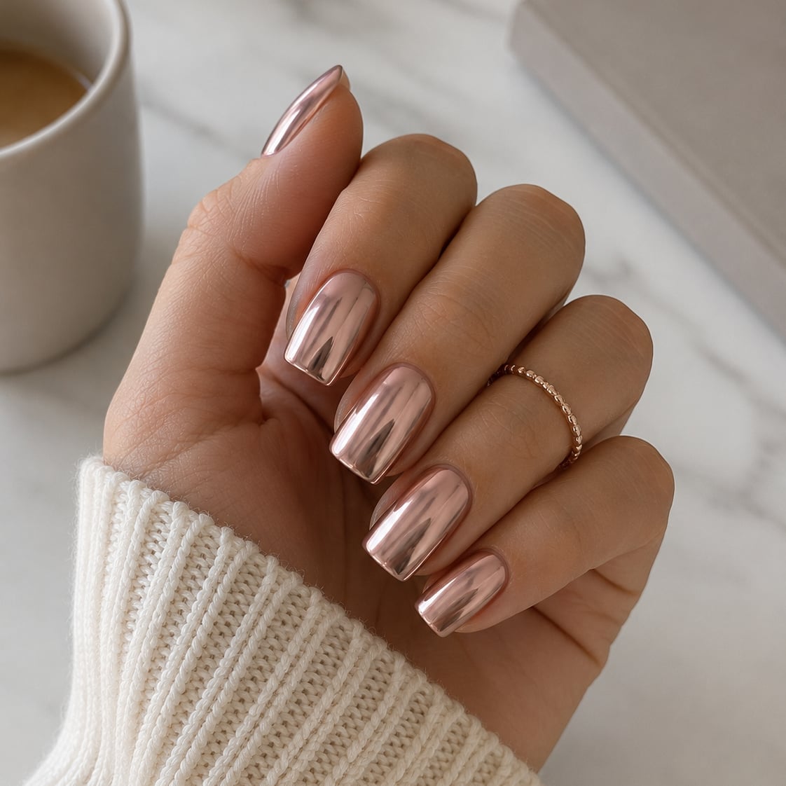 Short Square Rose Gold Chrome Nails, Soft Short Square Rose Gold Chrome Nails, Soft — Metallic Nails