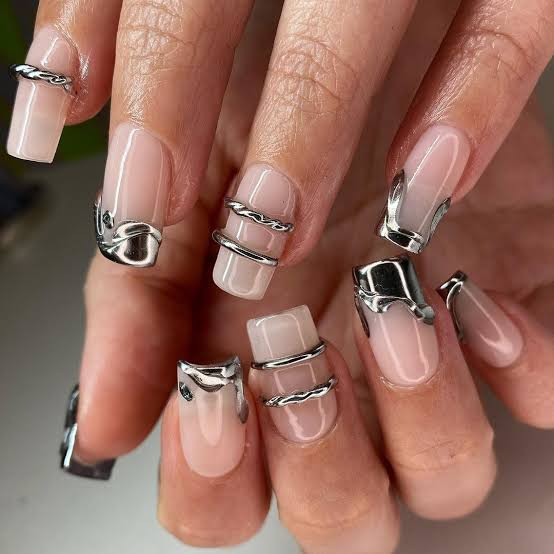 Medium Square Pink With 3D Silver Accents Medium Square Pink With 3D Silver Accents — Metallic Nails