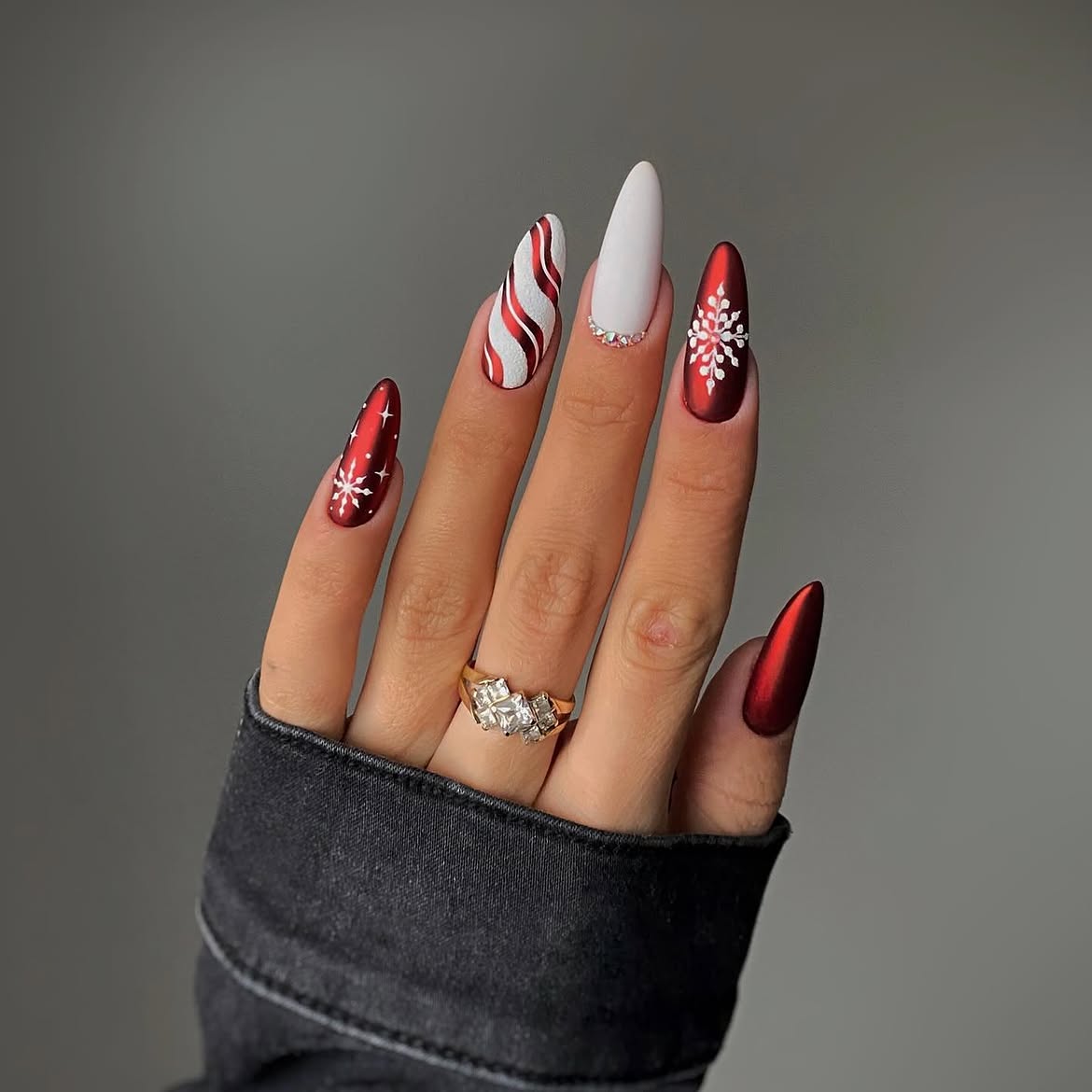Metallic Red And White Holiday Snowflake Stiletto Nails