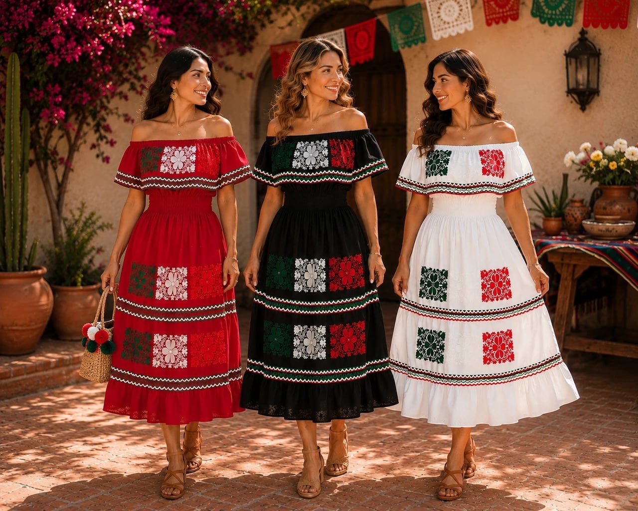 Off-the-Shoulder Dresses with Red, White, and Green Embroidery Off-the-Shoulder Dresses with Red, White, and Green Embroidery — Mexico Outfits